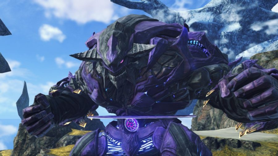 A monster from Xenoblade Chronicles 3. They are large, purple, and look to be made out of synthetic material. They have large points out of either side of their head, and a generally monstrous vibe.