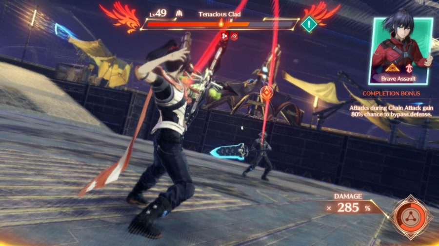 Noah firing a bow in Xenoblade Chronicles 3. He is wearing a white, orange and black outfit with a white and orange cape from his back. He has black hair in a ponytail, as he fires a shot at a large sword-wielding enemy.