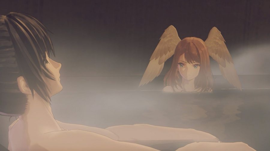 Eunie, who has long brownish hair and wings on her head, in a bath with Noah, who has black hair in a ponytail.