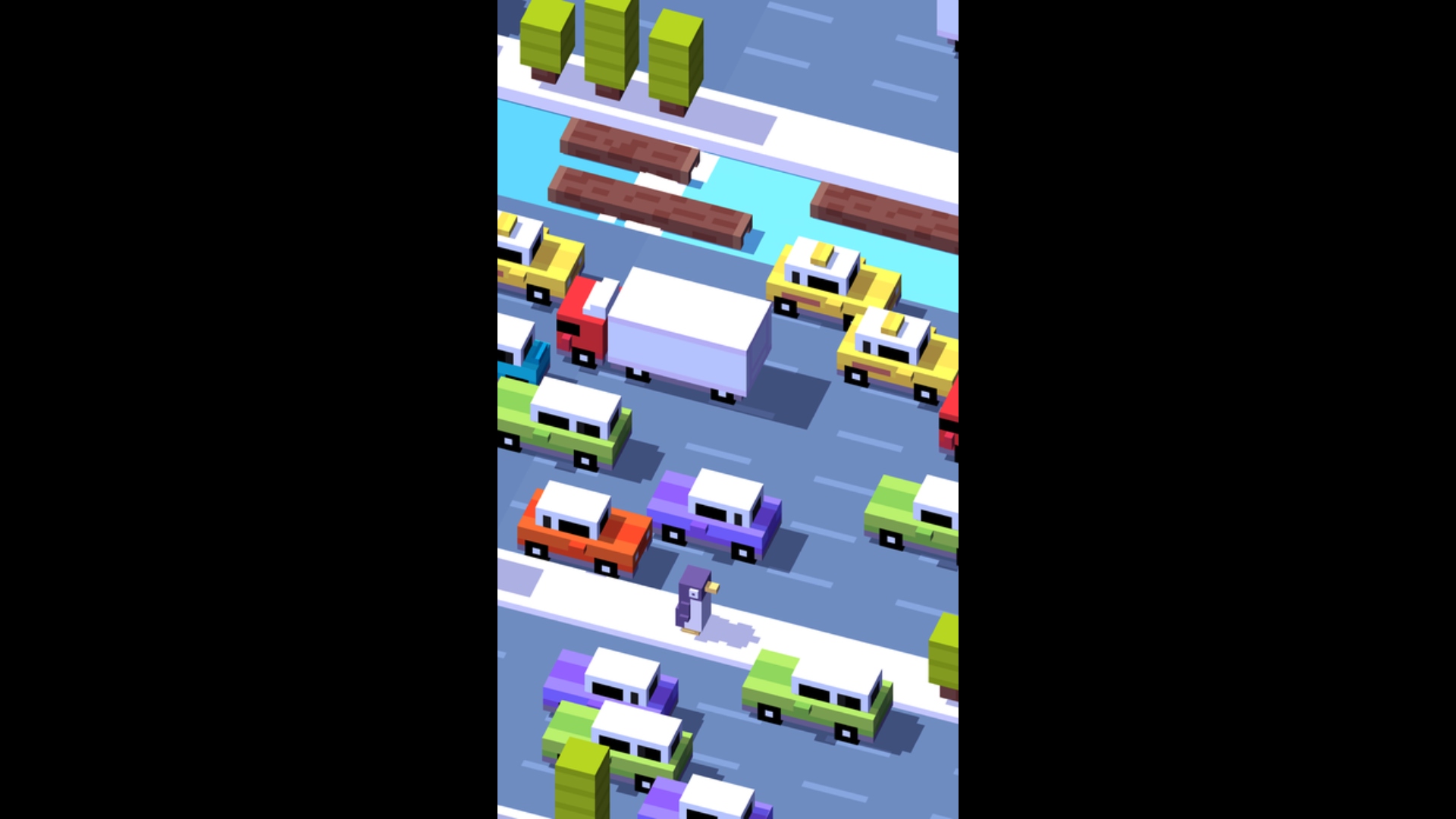 Addictive games - Crossy Road. Image shows a penguin trying to navigate a difficult road.