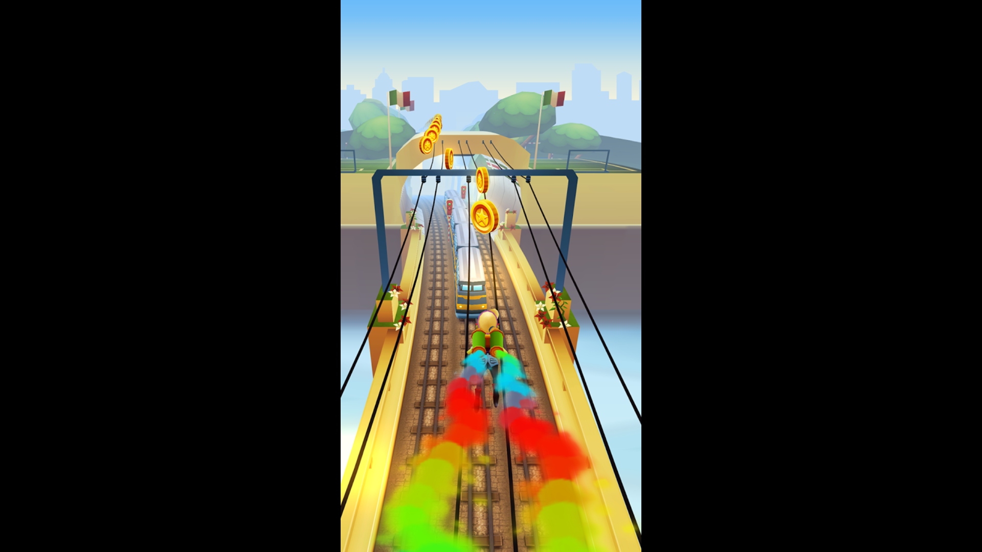 Addictive games, Subway Surfers - image shows a character running along on wires above train tracks.