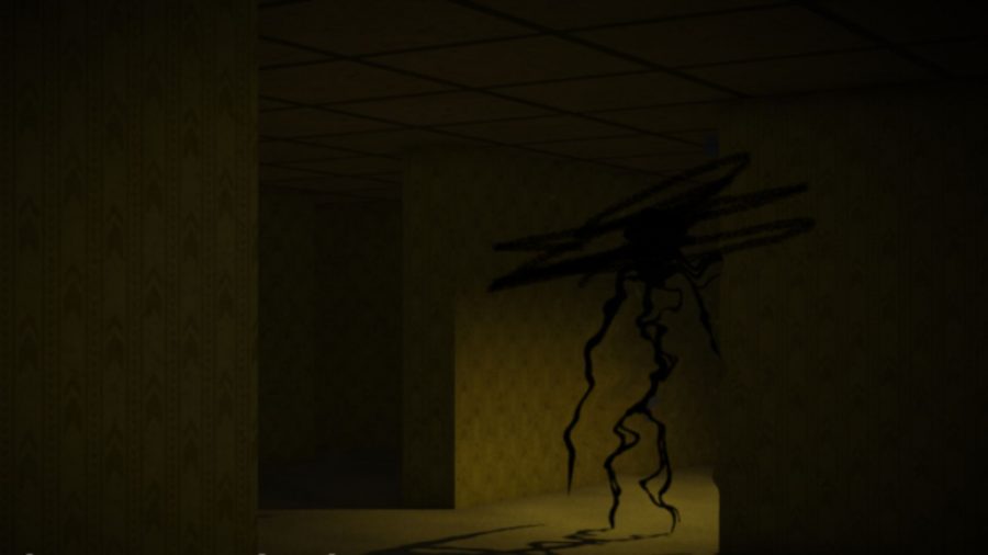 A very dark room, with a slither of light coming out of a corridor, and a strange, gangly figure silhouetted by it, in art for Apeirophobia, a Roblox experience.