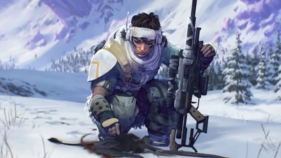 Apex Legend Charakter Vantage Vermessung eines gefangenen Tieres, während er in der schneebedeckten Wildnis überlebt