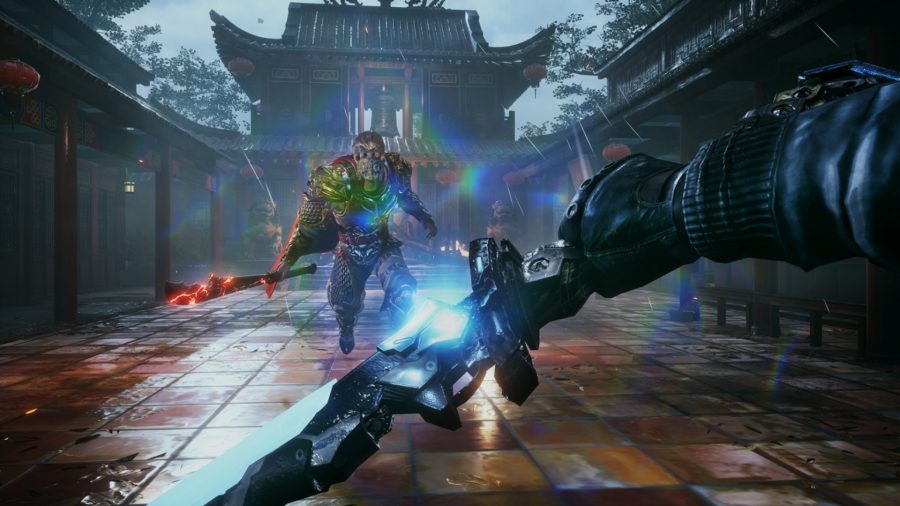 Bright Memory: Infinite review - a bright blade with a huge enemy in the background in a Chinese compound