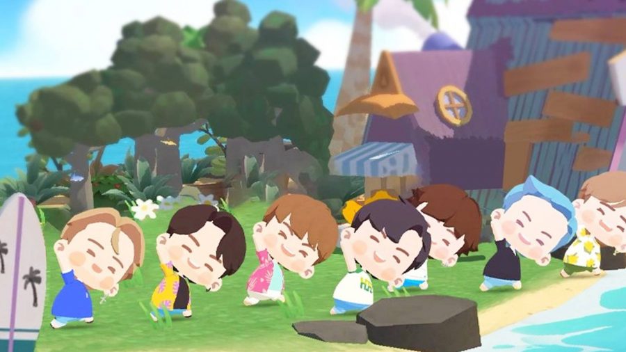 BTS Island coupon: a screenshot from the mobile game BTS Island shows animated versions of the band BTS, all stretching on a beach in front of waves, with a surfboard visible on the left hand side