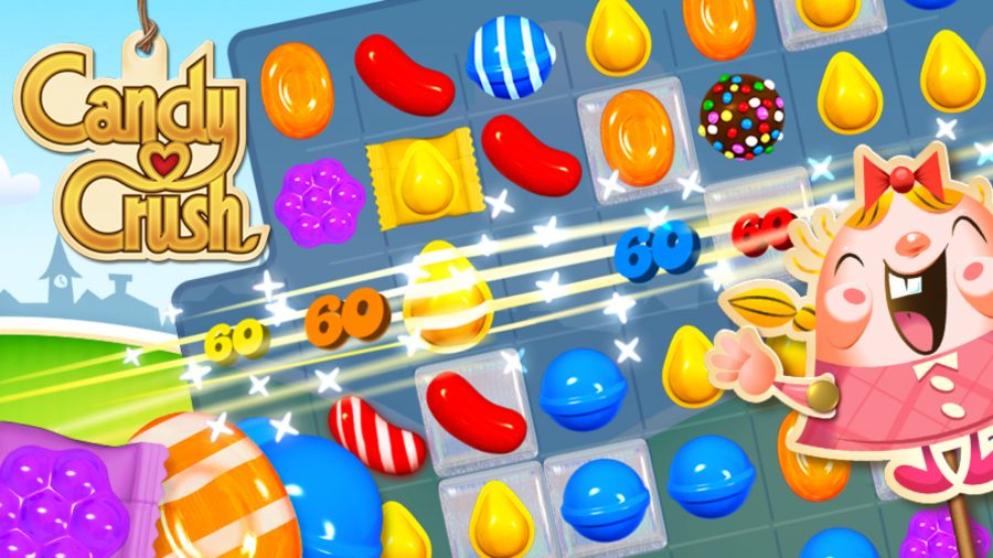 A Candy Crush level next to the game logo