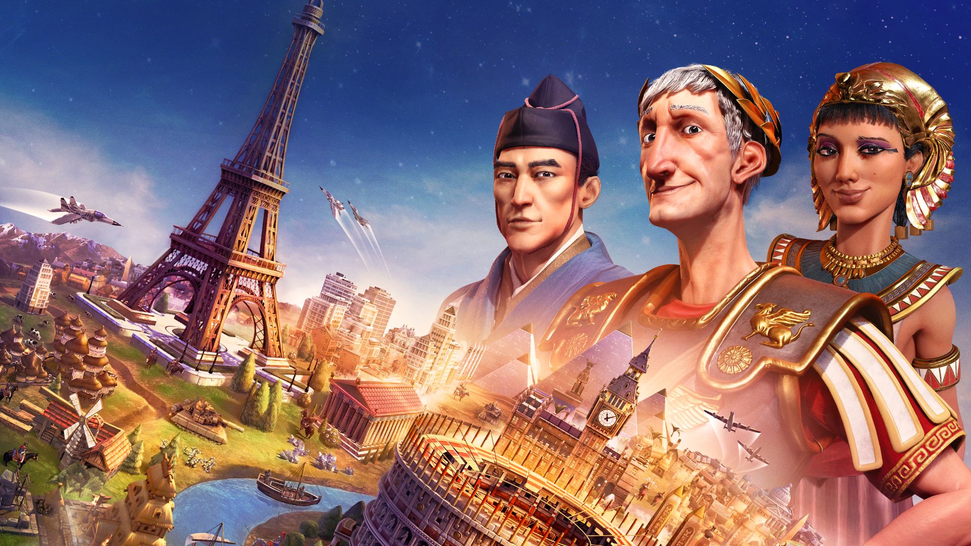Art for Civilization VI, showing the Eiffel Tower, the colosseum, and various buildings on a globe. In the sky is art of the Roman emperor Trajan, Japanese leader Hojo Tokimune, and Egyptian leader Cleopatra.