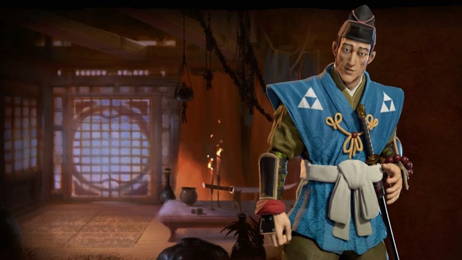 Hojo Tokimune dari Civilization 6, seorang pria di atas biru, dengan baju besi kayu di pergelangan tangannya dan sabuk putih