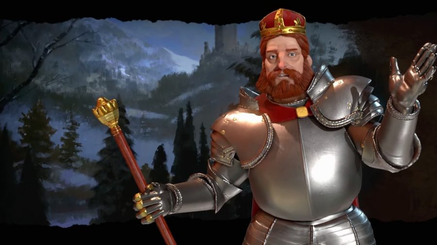 Frederick Barbarossa from Civilization 6, wearing full metal armour, holding a large stuff, with a gold and red crown on his head. He has ginger hair and a large beard.