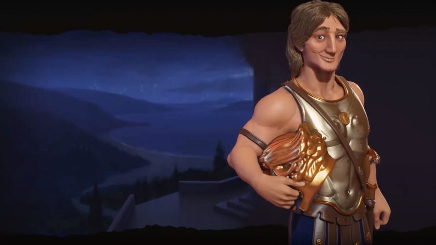 Alexander a Civilization 6 -ból, egy szőke hajú ember, sisak a karja alatt, és egy fémpáncélos melllemez