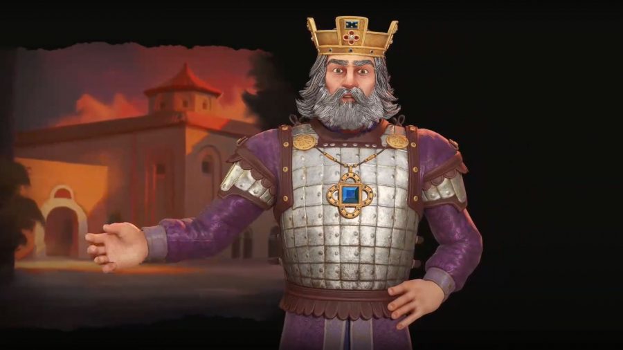 Basil II van Civilization 6, een man met zilveren haar en baard, een gouden kroon en een paars en zilveren pantser