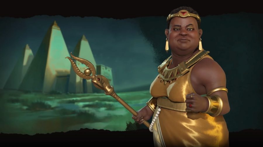 Amanitore from Civilization 6, a larger lady in a golden robe holding a gold spear. She has a small golden crown and earrings.