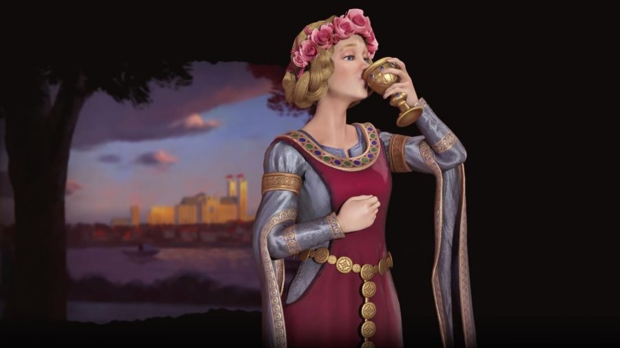 Eleanor z Civilization 6, kobieta w niebiesko -czerwonej szaty z materiałem zwisającym z jej łokci, pijąca ze złotego kielicha, z blond włosami w skręconych bułeczkach i koroną różowej kwiaty