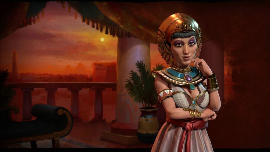 Celopatra a Civilization 6 -ból, egy alacsony vágású bézs ruhában, egy nagy darab türkiz és arany ékszerrel a nyaka körül, és egy arany fejfuharral