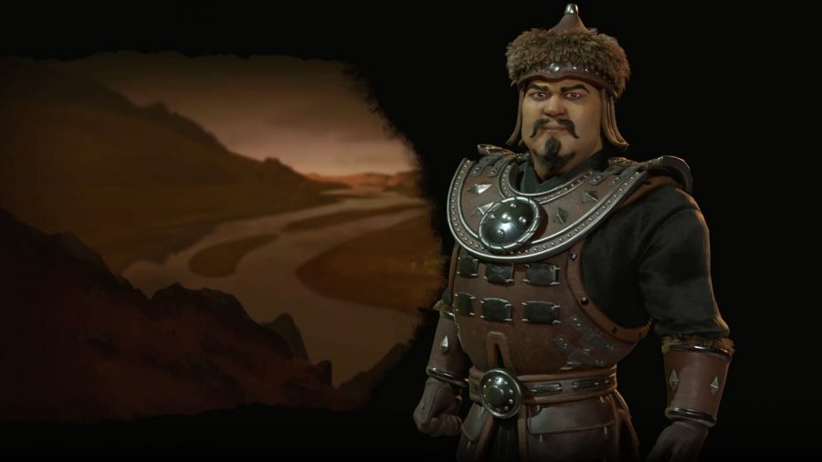 Genghis Khan from Civilization 6, a stocky man in large brown armour with a jewel in the very centre of his chest. He has a fluffy hat on, and a moustache and soul patch combo.