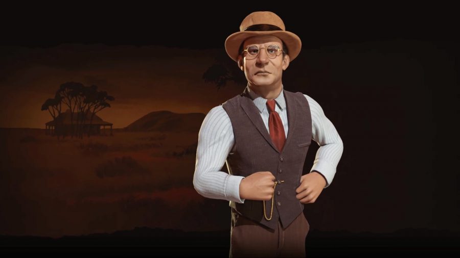 John Curtin from Civilization 6, a man with a white shirt, red tie, and brown waistcoat on. He wears thin glasses and a beige hat on his head.