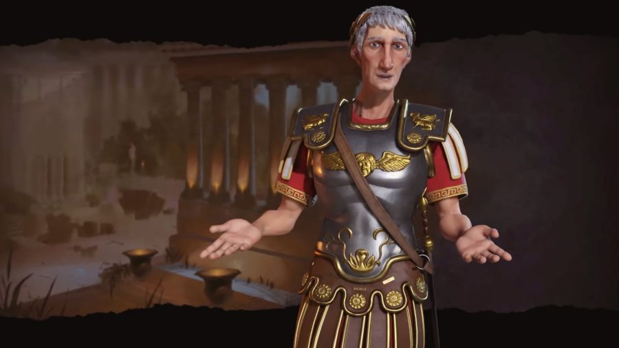 Traian a civilizációból 6. Egy régi római ember, hosszú arcú, rövid szürke hajjal. és egy római ruhát a fém melllemez, bojt a felső lába fölött és egy piros ing