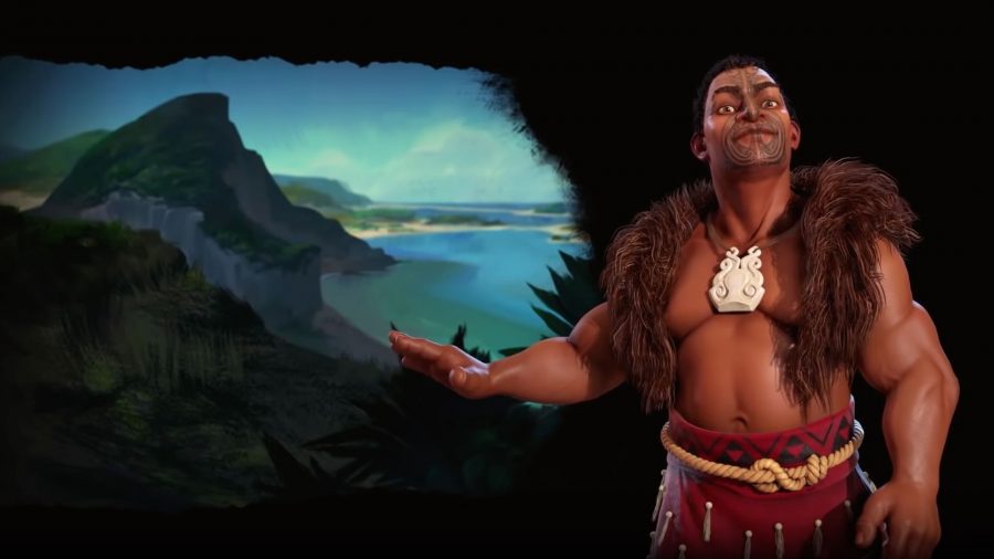 Kupe from Civilization 6, a man without a shirt on, brown furry stuff over his shoulders and red skirt-type thing.