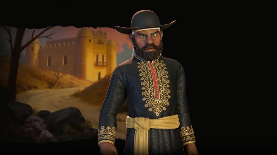 The Ethiopian leader Menelik II from Civilization 6, a man in a black outfit with a red and gold design on the front, a golden fabric belt, gold cuffs, and large black hat. He has a black beard.