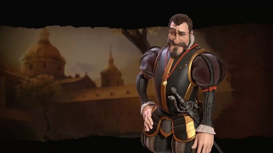 Phillip from Civilization 6, a man in large brown and red military armour with a sword, brown beard, and short, slightly receding brown hair.