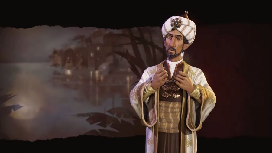 Saladin a Civilization 6 -tól, egy ember, egy darab fehér szövet fejfajgal, és egy fehér köpenyt egy barna ruhán keresztül. Vékony arca és kicsi barna arcszőrje van