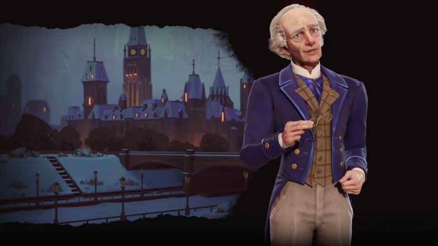 Wilfrid Laurier from Civilization 6, an old man with receding white hair, a blue jacket and brown shirt.