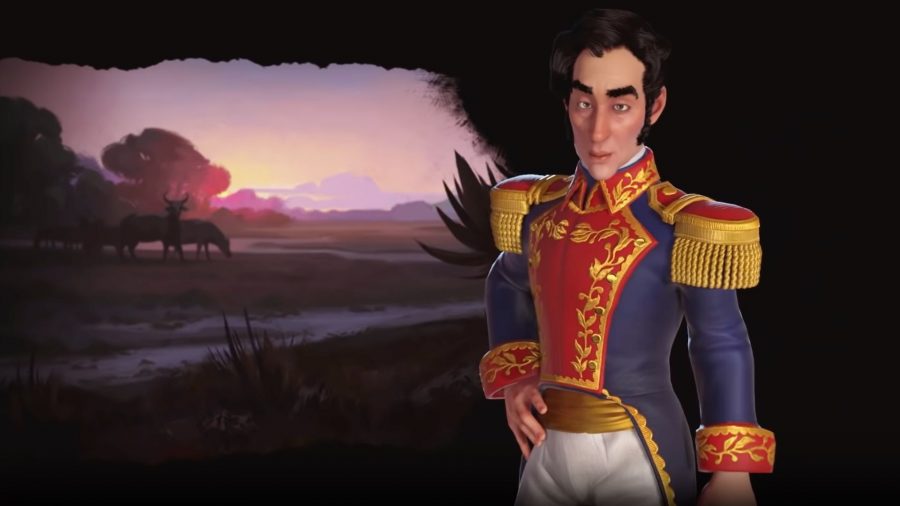 Simon Bolivar van Civilization 6, een man met zwart kort haar en lange bakkebaarden, een rood en blauw sierlijk jasje en een strenge en gladde blik op zijn gezicht