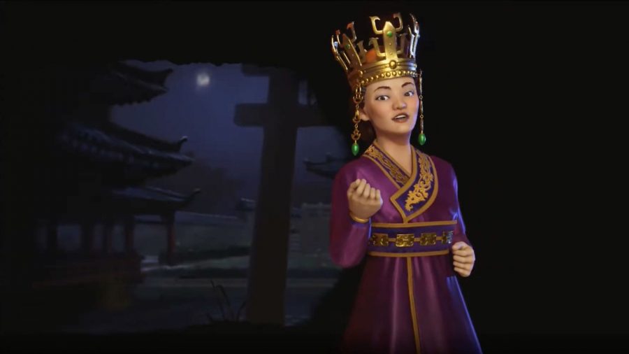 Seondeok di Civilization 6, una donna con una grande veste coltivata in oro e viola