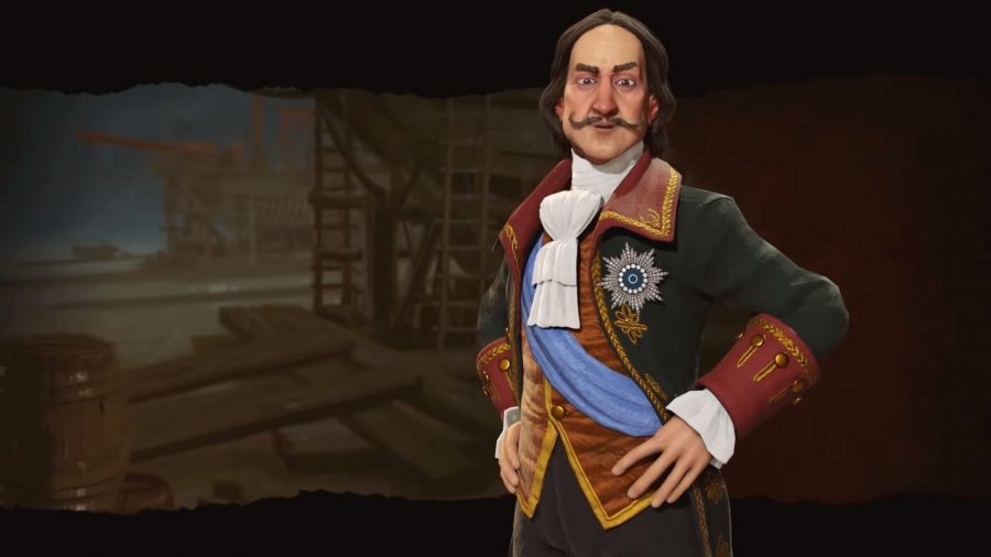 Peter van Civilization 6, een man met een dun gekrulde moustached, bossig haar en een zwart, rood, blauw en wit shirt en jascombinatie. Ziet eruit als een generaal