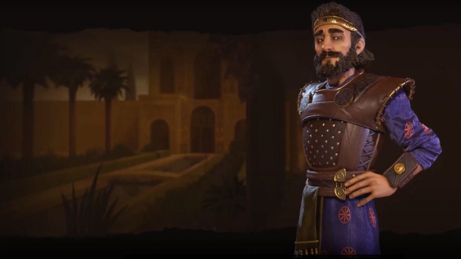 Cyrus z Civilization 6, mężczyzna o ciemnobrązowych włosach i przyciętej brodach, obok staromodnej zbroi z lekkimi nutami fioletu