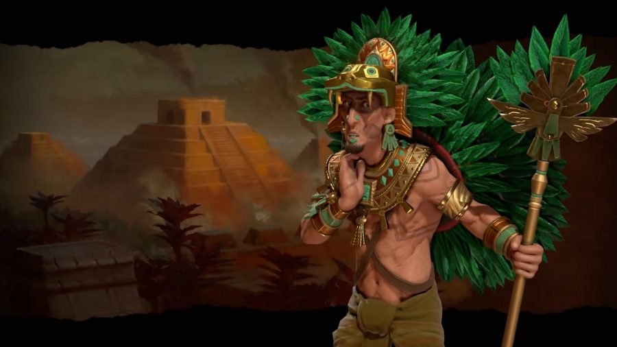 Montezuma dari Civilization 6, aztec dengan header rindang hijau, penutup emas pada potongan -potongan tubuhnya, dan celana panjang coklat