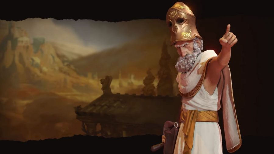 Pericles from Civilization 6, a Greek man with a white robe, gold sash, and tall gold helmet on. He has a large white bushy beard and big eyebrows.