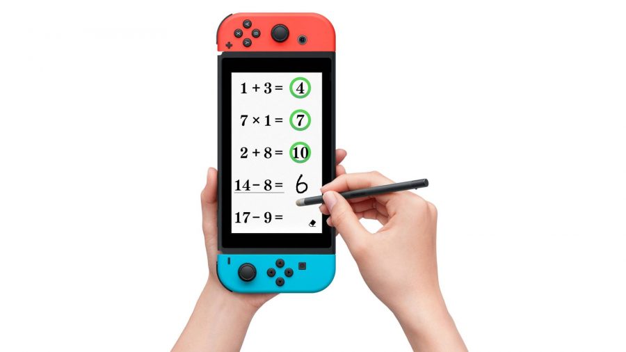 Cool math games: A pair of hands hold up a Nintendo Switch, playing Brain training math puzzles