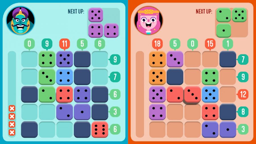 Cool math games: two different game boards are shown, with multiple dice on either 