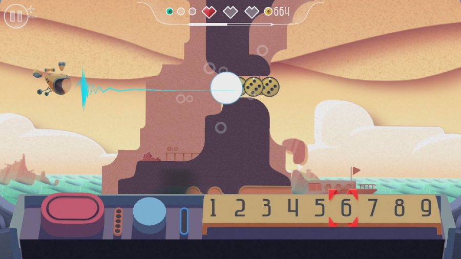 Cool math games: a 2D sidescrolling level shows someone piloting a ship, but using math to do it 