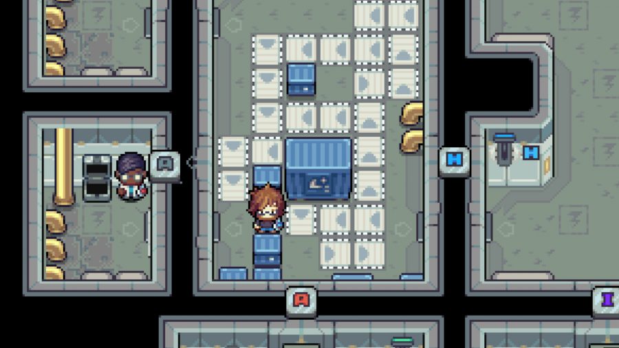 Screenshot from inside one of the many Coromon puzzle rooms, with moving tiles across the floor