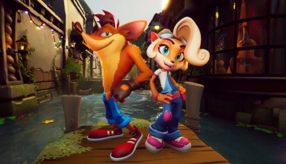 Crash and Coco looking so ordinary on a pier with buildings in the background because they don't have the Crash 4 wasteland skin