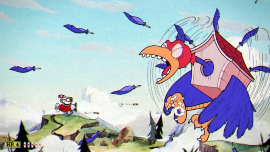 Cuphead 2 release date - Cuphead flying a plane and shooting at a giant bird stuck in a bird box who is launching feathers