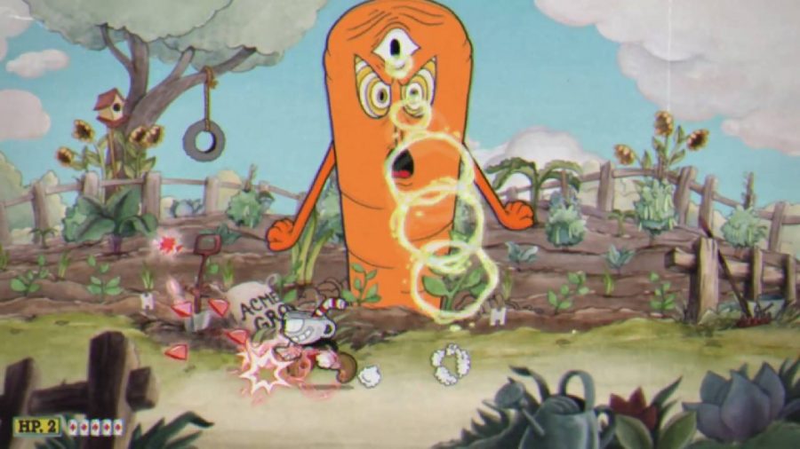 Cuphead bosses: a giant sentient carrot attacks a mug with psychic waves