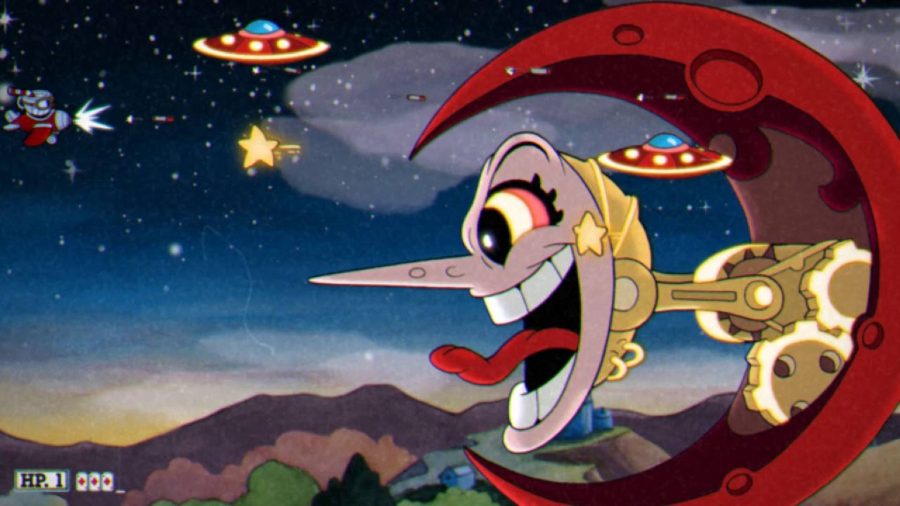 Cuphead bosses: a small red cup-man in an airplane attacks a large mechanical lady shaped like the moon