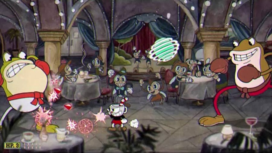 Cuphead bosses: a small red man shaped like a cup attacks two angry looking frogs in boxing gloves