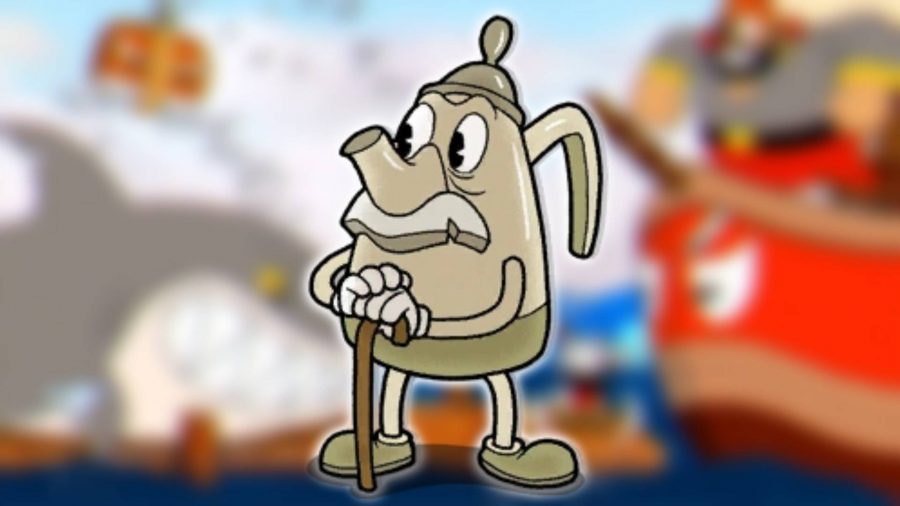 Cuphead characters: an elderly animated character based on a kettle is visible 