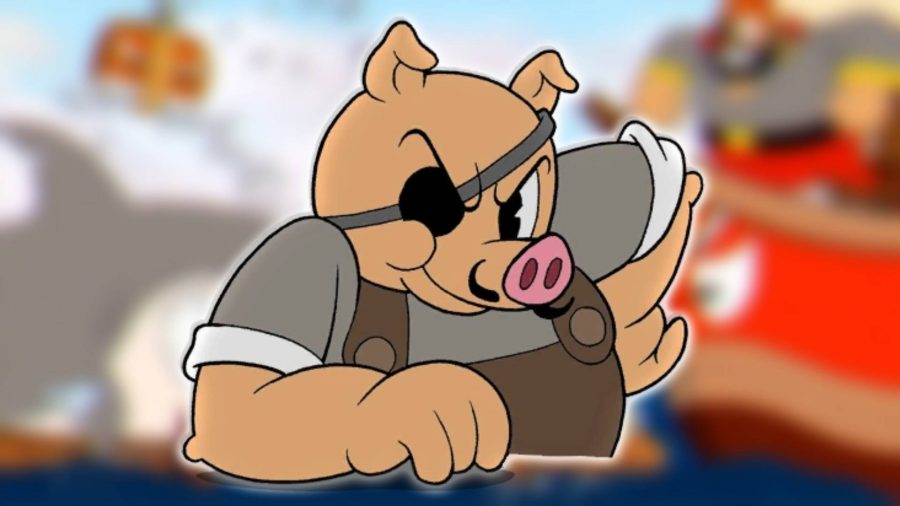 Cuphead characters: an animated character based on a pig and wearing an eyepatch is visible 
