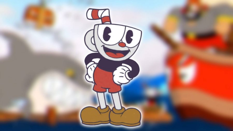 Cuphead characters: a cartoon character with a mug for a head and a red outfit is visible