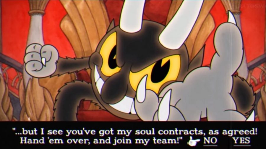 Cuphead's Devil with his hand stretched out offering Cuphead and Mugman the chance to join his service to save their souls