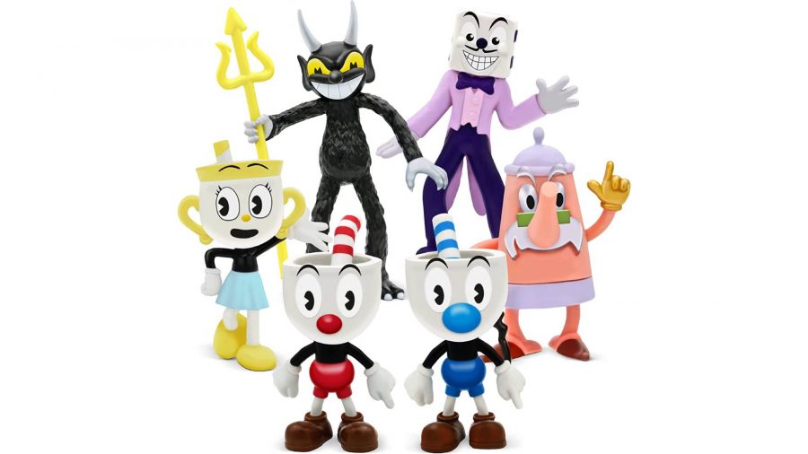 Cuphead plush: a product image shows several different toys based on characters from the game Cuphead