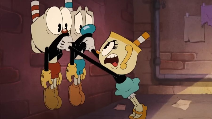 Cuphead Show - Ms Chalice hoisting both Cuphead and Mugman off the ground and up against a wall with an angry expression on her face