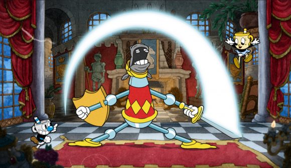 Mugman and Ms Chalice fighting a cow that has a sword and shield in a throne room