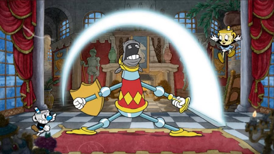 Cuphead The Delicious Last Course review: Cuphead and Ms Chalice battle a screen full of enemies in a animated world 