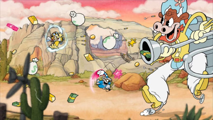 Cuphead The Delicious Last Course review: Cuphead and Ms Chalice battle a screen full of enemies in a animated world 